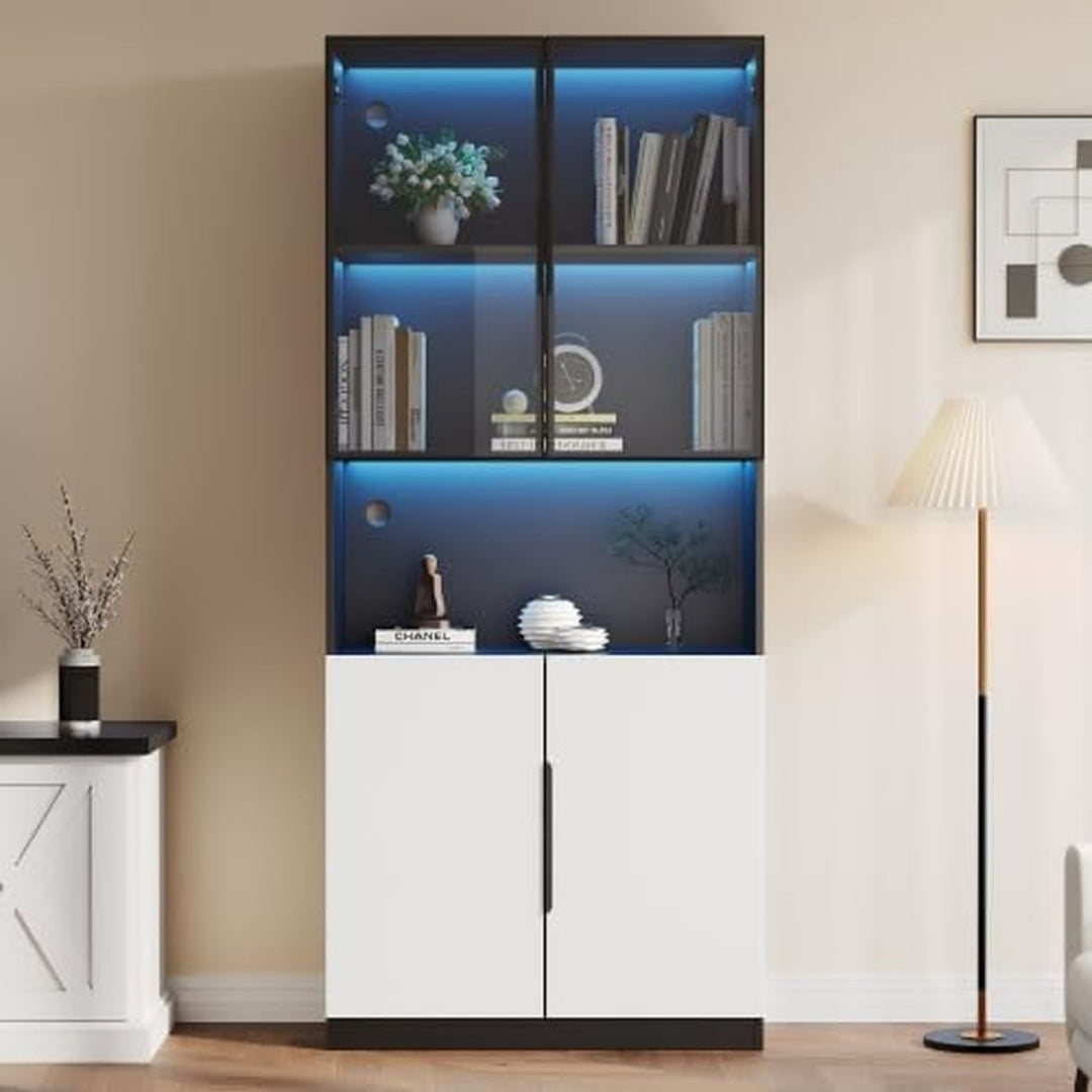 Armadio Vetrina a LED, 200 cm, bianco e nero, con ante in vetro e telaio in a